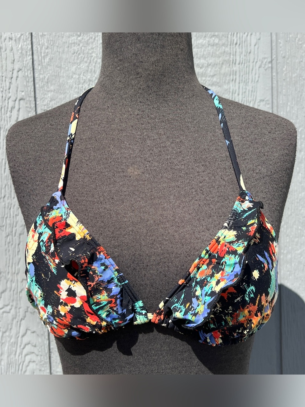 Ella Moss Isla Triangle Ruffle String Bikini Top in Black Abstract Print, S